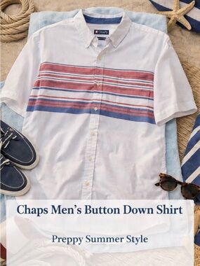 Chaps Men’s Button Down Shirt XL White Red Blue Stripe Short Sleeve